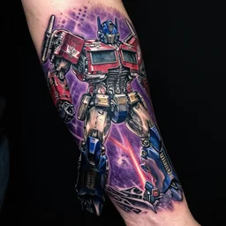 decepticon and autobots battle leg sleeve tattoo, transformers, skywrap, soundwave, star scream, blitzwing, sunstreaker, sideswipe, intricate, symmetrical, lazer blast, sharp, high detailed, high contrast, 1 st winner, trending, polkadot!!! grunge!!! purple!! black!! red!!