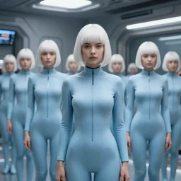 troop of cloned women with white bob hairdos, tight light blue neopren suits, futuristic cloning facility, sci - fi, highly detailed, cinematic