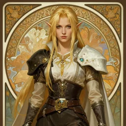 centered portrait, Sephiroth as a male D&D Elf Ranger, blonde hair, Art Nouveau, beautiful retro Fantasy heroine 1985, intricate, elegant, highly detailed, centered, digital painting, trending on artstation, concept art, smooth, sharp focus, illustration, art by raphael lacoste, eddie mendoza, Mucha, alex ross, WLOP