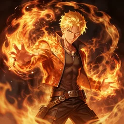 character art by liam wong, young man, blonde hair, on fire, fire powers