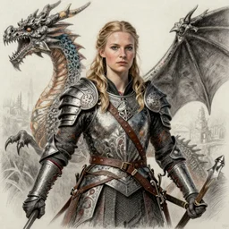 hyper realistic pencil drawing of a viking princess, intricate detail, beautiful, battle armor, war, fight, light, dragon, colorful
