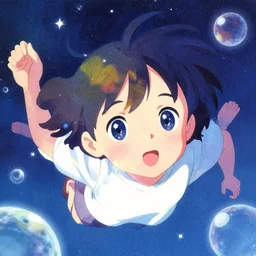 portrait of a young girl floating in space, colorful, cute face by ilya kuvshinov, yoshinari yoh, makoto shinkai, dynamic pose, ( kyoani ), starry rounded eyes, illustration, anime poster, mads berg, stippled light, shading