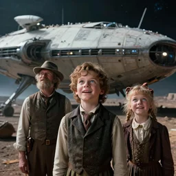 extremely sharply detailed, from blockbuster sci fi 8 k color movie freeze frame, set in 1 8 6 0, family standing in front of a crashed spaceship, on alien planet, looking happy, wearing 1 8 5 0 s era clothes, atmospheric lighting, in focus, reflective eyes, 2 mm macro lens, live action, nice composition, good photography, clear facial details