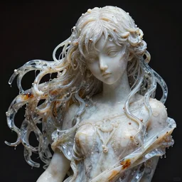 “a delicate renaissance marble sculpture covered with water veil, highly detailed transparent marble cloth, beautiful girl with long hair, intricate, highly detailed, digital painting, artstation, official media, anime key visual, concept art, rich vivid colors, ambient lighting, sharp focus, illustration, art by Artgerm, Makoto Shinkai, Ilya Kuvshinov, Lois Van Baarle, and Rossdraws, gi, global illumination, physically based rendering, photorealistic, top light , dark background”