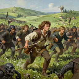 Bandobras Took leading the Hobbits in a charge at the Battle of Greenfields against the goblins. Vivid painting by Alan Lee. Fantasy Artwork