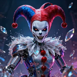 impressive electric ominous cinematic fine portrait photo of a court jester!! cyborg implant shattered crystal shard volumetric dynamic fluid simulation lighting impressive masterpiece hyper ultra detailed intricate sharp focus 8 k realistic illustration canon eos r 3 fujifilm x - t 3 0 sony alpha, by james gurney tooth wu artgerm colorful!!!, trending on artstation behance cgsociety stunning closeup macro