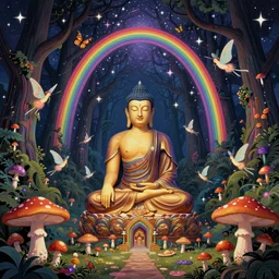 buddha portrait on the ground in a sacred sanctuary, enchanted cosmic forest, mushrooms on the ground, small fairies, stars in the sky, butterflies, rainbows, psychedelic, wide angle shot, vector art, optical illusion, heavenly, high contrast 4 k, fantasy poster by helen huang and frank frazetta and salvador dali