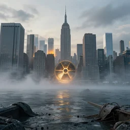 nuclear winter, new york city, near future, decay, fantasy, sci - fi, hyper realistic, serene.