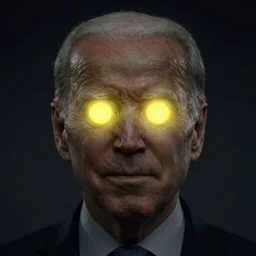 a cartoon face, recognizably in the likeness of Joe Biden, but with glowing yellow orbs where his eyes belong, in style of Dark Brandon