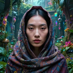 detailed face of a west asian woman clothed wrapped in textiles, lush, opulent, walled garden, utopian, tech noir, wet reflections, prism, atmospheric, ambient, pj crook, syd mead, livia prima, artgerm, greg rutkowski, nick alm, casey baugh