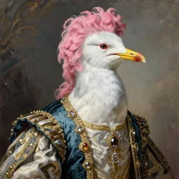 the royal king's gull with pink hair by greg hildebrant fancy rococo baroque regal oil painting high quality award winning clothed in fancy garb