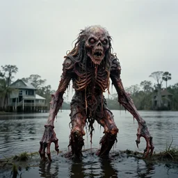 shot of a complex cronenbergian disgusting and montruous creature in louisiana, southern gothic, photograph by diane arbus, bayou