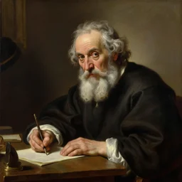 oil matte portrait painting, a single old scholar sitting at a desk writing, detailed faces, wonderful masterpiece highly detailed, beautiful cinematic light deep focus, elegant, digital painting, smooth, sharp focus, golden ratio, dramatic illumination, ultra realistic, 8 k, art by salvator rosa and caravaggio