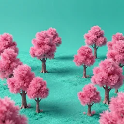 teal whimsical landscape full of pink trees, 3 d render, tim burton