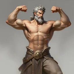 a highly detailed illustration of shirtless bearded short haired god, heroically flexing perseus pose, muscular, intricate, elegant, highly detailed, centered, digital painting, artstation, concept art, smooth, sharp focus, league of legends concept art, WLOP