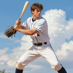 portrait of a young baseball player, playing a baseball, correct body structure, blue sky and white clouds, male, gorgeous, red eyes, peaceful expression, detailed face, amazing, thighs, the feeling of summer, intricate, highly detailed, digital painting, artstation, concept art, sharp focus, illustration, art by greg rutkowski and alphonse mucha