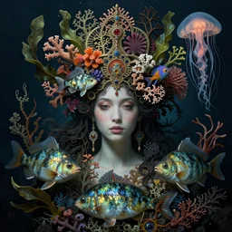 realistic detailed underwater portrait of the beutiful young goddess of the fish of the three times with an intricate headdress of corals, sea kelp, sea plants, fish, jellyfish, art by ernst haeckel, zdzisław beksinski, gothic, neo - gothic, ornamental,