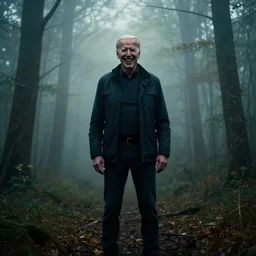 low quality iphone photo of joe biden standing ominously in the foggy woods with a demonic smile in his face, creepy, far away