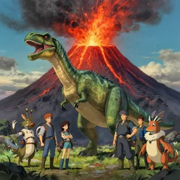 dinosaur in front of an erupting volcano : anton fadeev, thomas kinkade hearstone league of legends dofus overwatch concept art, style of makoto shinkai, xision, james jean and peter mohrbacher, studio ghibli, artgerm, karol bak, dan mumford global illumination