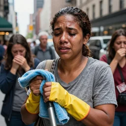 closeup portrait of a cleaners mopping up the tears of crying people in a new york street, natural light, photography, world press photo