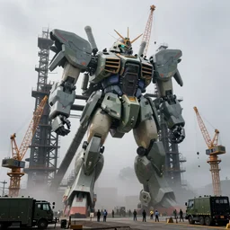 giant mecha being constructed in Japan, overcast, fog, atmospheric, cranes, industrial, military, ground crew, photorealistic, concept art