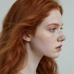 close up highly detailed portrait of a beautiful!!! pale girl with flowing red hairs, sideview!!!, side view. by greg rutkowski and gaston bussiere and craig mullins and j. c. leyendecker, hd