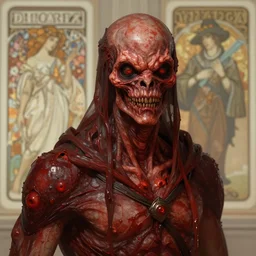character concept art portrait of a horror creature, depth of field background, artstation, award - winning realistic sci - fi concept art by jim burns and greg rutkowski, beksinski, a concept art masterpiece, red color palette, james gilleard, bruegel, alphonse mucha, and yoshitaka amano.