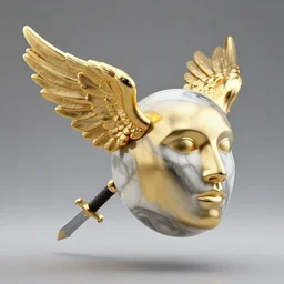 a flying marble and gold head with wings attached to its temples and a sword protruding from where its neck would be