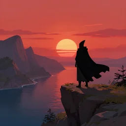A wizard with a black cape overlooking the scenery from a cliff, sunset, red sky, beautiful mountains, sea, digital art, WLOP, CGSociety, fantasy art, Mandy Jurgens
