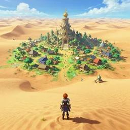 a spiritual sacred isolated alien lively village in the lush oasis of a vast hot sand desert, 3 rd person action adventure, screenshot, gameplay, final fantasy, square enix, jrpg, cutscene, unreal engine, 4 k, ultra high settings, rtx, next gen graphics, playstation 5, greg rutkowski, tetsuya nomura, artstation, concept art