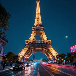 neon streets of paris with eiffel tower, 4 k, award winning photo, cyberpunk style