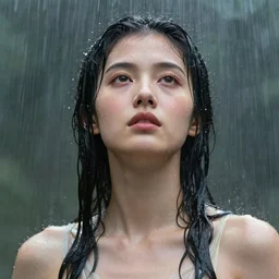 portrait of beautiful greek goddess, looking straight up in pouring rain, soaking wet hair, by terry o'neill intricate, elegant, highly detailed, digital painting, glistening skin, artstation, concept art, smooth, sharp focus, bright lighting, illustration, art by artgerm and greg rutkowski and alphonse mucha, 8 k
