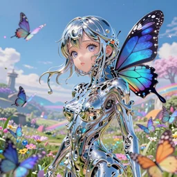 ultra detailed illustration of a butterfly anime girl made out of liquid chrome, melting face, lost in a dreamy fairy landscape,  by ,Karol Bak, Ruan Jia, Moebius, hiroshi yoshida, Druillet colorfull, vivid colors, 8k, anime vibes, octane render, uplifting, magical composition,  artstation