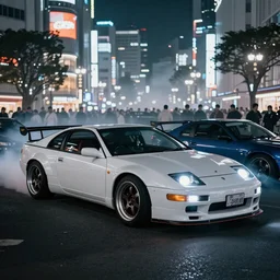 a car 300ZX twin turbo drift at illegal car meet, Shibuya prefecture, city midnight mist lights, cinematic lighting, photorealistic, highly detailed wheels, high detail