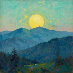 caucaus mountains at dawn, arkhip kuindzhi painting, teal palette, impasto sun, pythagorean mysticism