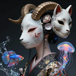 3 d goddess close - up profile solarpunk portrait ram skull. by rembrandt, beautiful intricately detailed japanese crow kitsune mask and clasical japanese kimono. betta fish, jellyfish phoenix, fractal flame, holographic, seashell, bio luminescent, plasma, ice, water, wind, creature, artwork by tooth wu and wlop and beeple and greg rutkowski