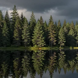 digital matte landscape of pine trees reflecting on the lake by james gurney and greg rutkowski, artstation
