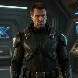 hank hill as commander shepard within the ssv normandy in the videogame mass effect 2. mid - conversation portrait. dim spaceship interior bg behind him. cutscene. hd.