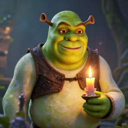 shrek holding a candle ultra realistic, lens flare, atmosphere, glow, detailed, intricate, full of colour, cinematic lighting, trending on artstation, 4 k, hyperrealistic, focused, extreme details, unreal engine 5, cinematic, masterpiece, ultra realistic, hyper realistic, highly detailed, sharp focus, digital art