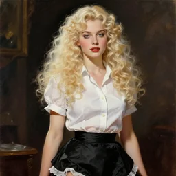beautiful painting of Lucius as a French maid with long pale curly blond hair, beautiful androgynous young man, very very light fluffy curly blond hair, he wears a white secretary shirt and black miniskirt, pinup poster by J.C Leyendecker and Norman Rockwell