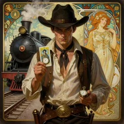 a dramatic ethereal epic symmetrical painting of a handsome villainous cowboy | background is train locomotive steam engine railroad tracks | his shirt is unbuttoned and he has a pocketwatch | tarot card, art deco, art nouveau, ( steampunk ), homoerotic, realistic | by louis comfort tiffany and alphonse mucha | trending on artstation