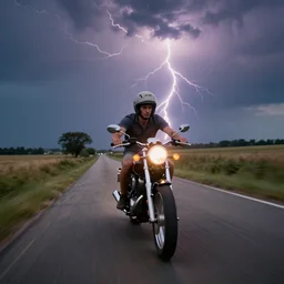 young man riding zooming down a country road on his motorcycle, worms - eye - view, lightning in the sky, zoom lens, bokeh, masterpiece by albert bierstadt and mœbius and peter mohrbacher