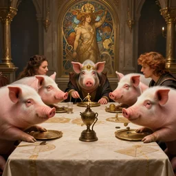 film still, pigs sit at table playing dnd, deep focus, d & d, fantasy, intricate, elegant, highly detailed, digital painting, artstation, concept art, matte, sharp focus, illustration, hearthstone, art by artgerm and greg rutkowski and alphonse mucha.