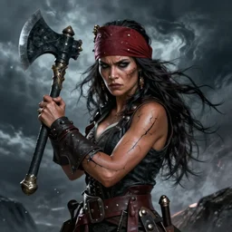 a strong pirate woman in a sleeveless vest, angry, black lines running up her arms, grieving, storm in the background, long dark hair, wielding a shadowy axe, character art, full body art, Dungeons and Dragons, D&D, trending on artstation, artgerm, 4k ultra hd, sharp focus, digital art by Ilya Kuvshinov and Ross Tran,