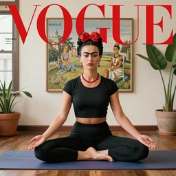 frida kahlo teaching yoga at a yoga studio in the suburbs of san francisco in 2 0 1 8, photo from vogue magazine cover