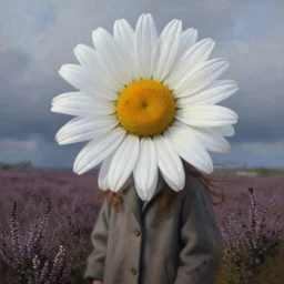 portrait, an enormous daisy flower head, a girl wearing coat in heather field, surreal photography, wind and cold, dramatic sky, impressionist painting, digital painting, artstation, simon stalenhag