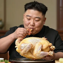 kim jong un eating an entire raw chicken , 8k , highly detailed, professional photography