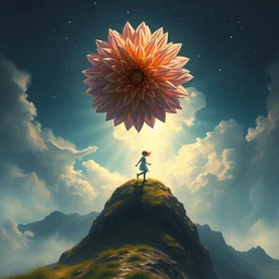 giant dahlia flower as a head, girl walking on mountain, surreal photography, stars, dramatic light, impressionist painting, storm clouds, digital painting, artstation, simon stalenhag