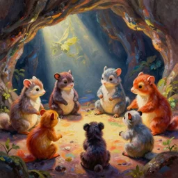 colorful painting of several species of small furry animals gathered together in a cave and grooving with a pict