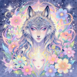 Wolf goddess, lots of flowers, psychedelic, cosmic energy by Kelly McKernan,by Charlie Bowater, by Laura rubin, by yoshitaka amano, hiroshi yoshida, moebius, face by artgerm, inspired by dnd, bright pastel colors, sparkles️ iridescent aesthetic, detailed
